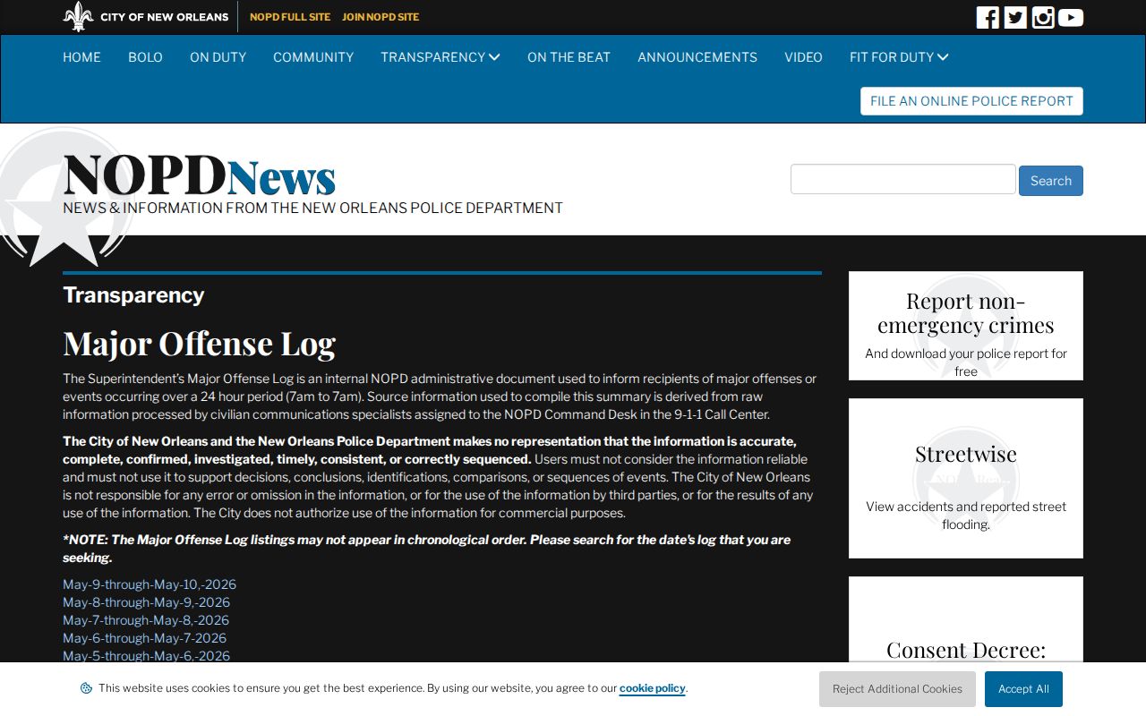 New Orleans NOPD Major Offense Logs arrest record interface