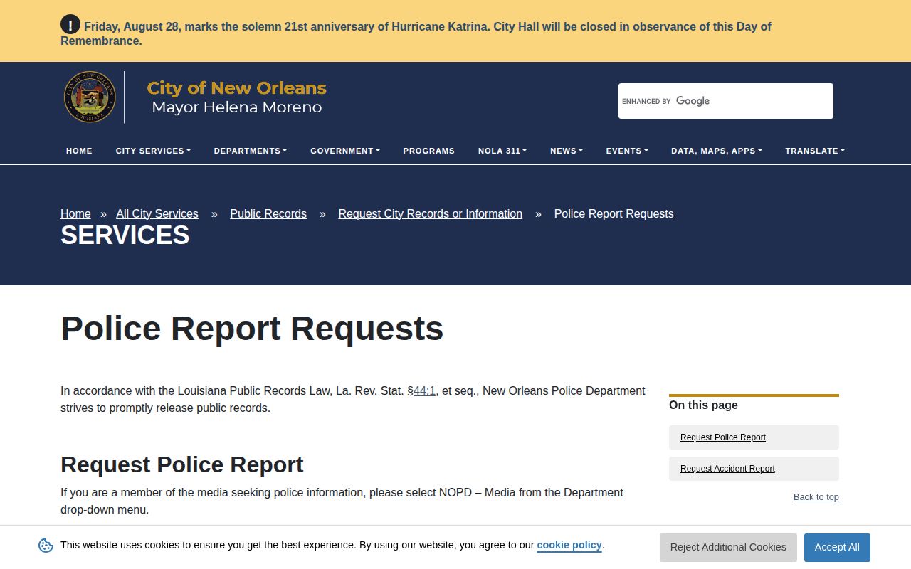 New Orleans NOPD police report and arrest records request page
