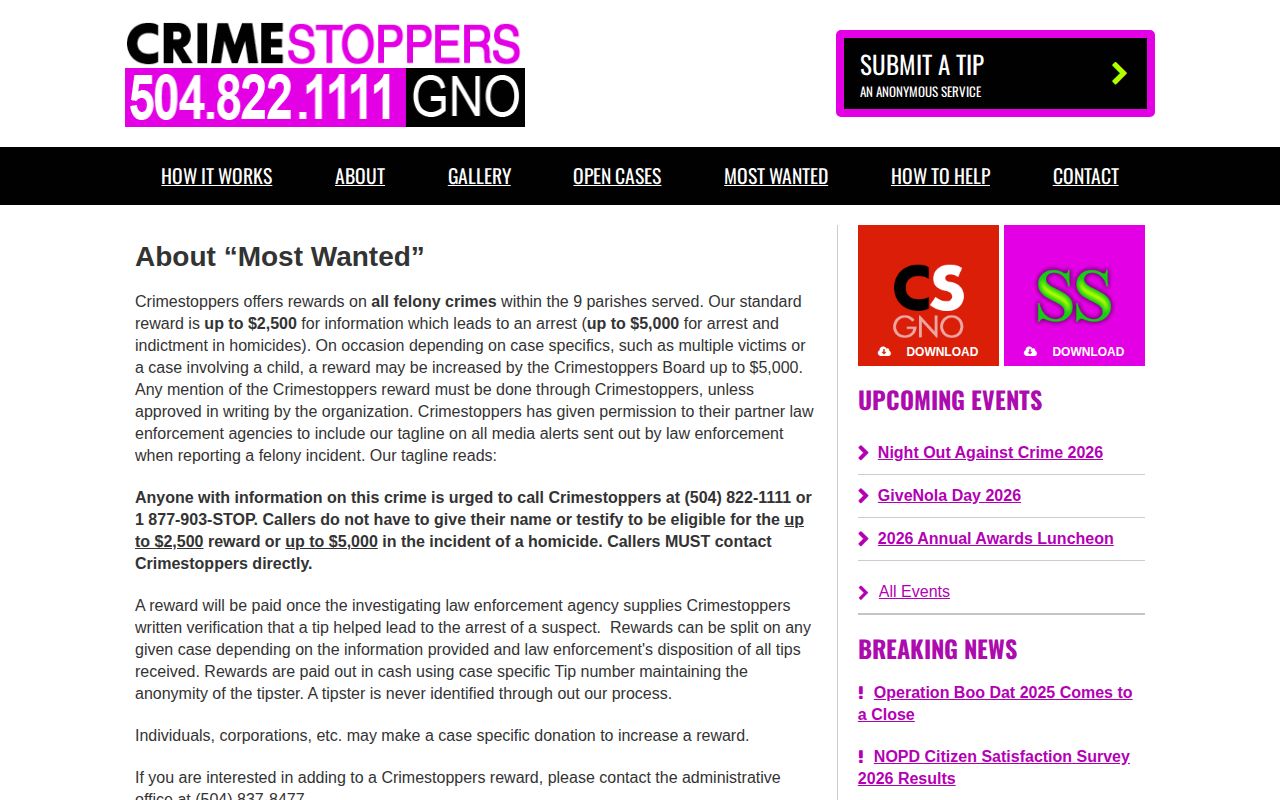 Orleans Parish wanted fugitives records on Crimestoppers GNO