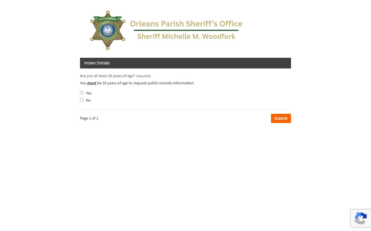 Orleans Parish booking record public request form