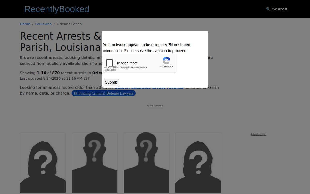 Unofficial RecentlyBooked Orleans Parish arrest index interface